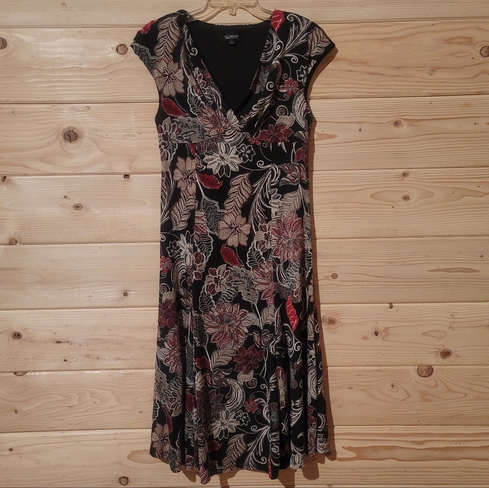 Vintage Glamour Floral Midi Dress Short Sleeve Casual V Neck Pullover Size 6